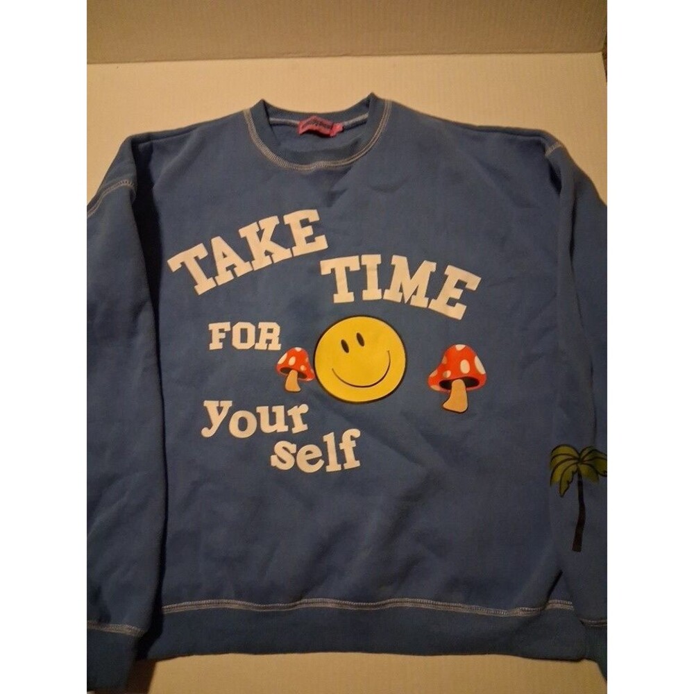 Edikted Blue " Take Time For Yourself" Smiley Mushroom Hippie Sweatshirt S